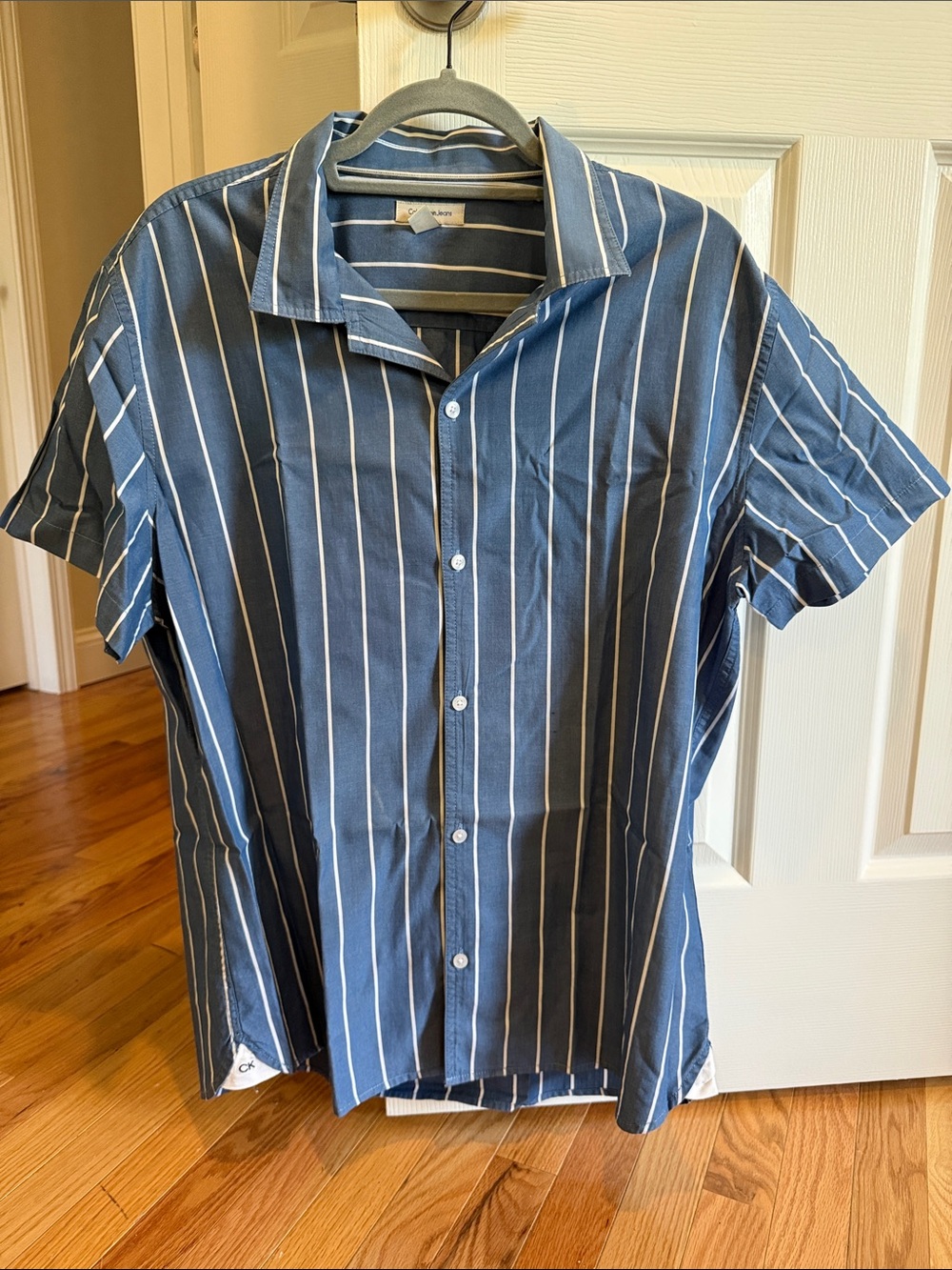 Calvin Klein Jeans Blue and White Vertical Stripe Short Sleeve Shirt